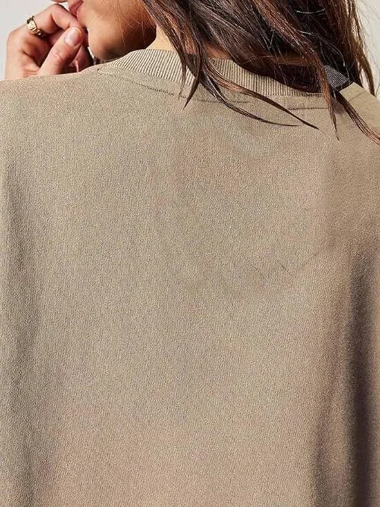 Khaki Long Sleeve Sweatshirt Dress With Pleated Skirt - Picture 3 of 4